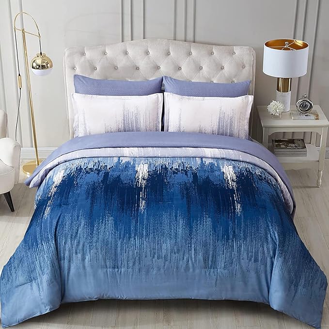 WONGS BEDDING Navy Blue Comforter Set Queen,7 Pieces Bed in a Bag Abstract Art Gradient Comforter Soft Microfiber Bedding Set with Comforter, Flat Sheet, Fitted Sheet, Pillow Shams,Pillowcases