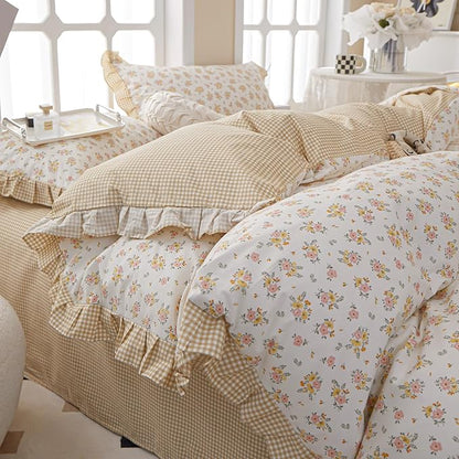 HighBuy Ruffle Lace Comforter Set Queen Coquette Cottagecore Floral Bedding Comforter Set with 2 Lace Ruffles Pillowcases Cozy Soft Shabby Chic Yellow Pink Flower Bedding Comforters for Women Girls