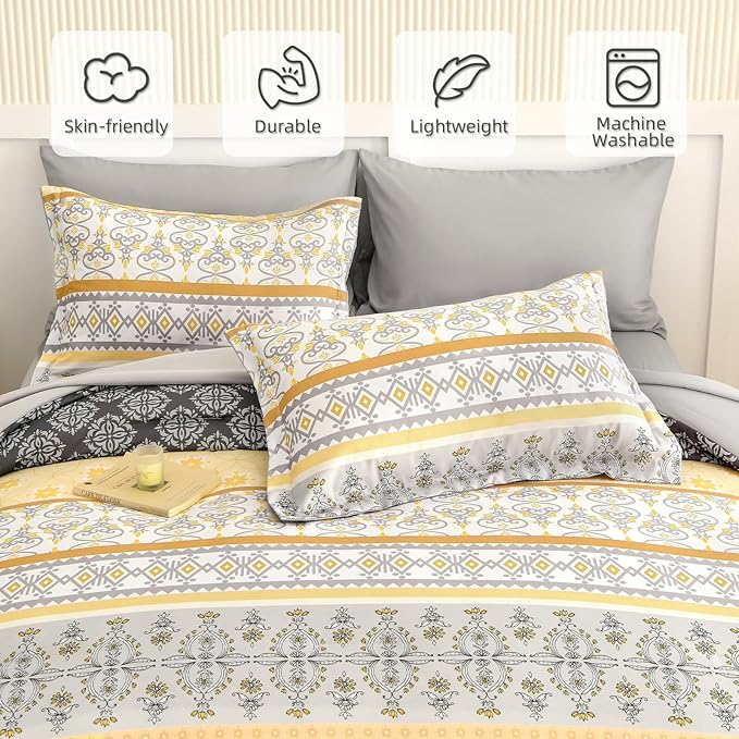 WONGS BEDDING Boho Comforter Set Queen Size,7 Pieces Bed in a Bag Bohemian Striped Bedding Set,Yellow Paisley Floral Comfortet and Sheet Set,Soft Microfiber Bedding Sets for All Season