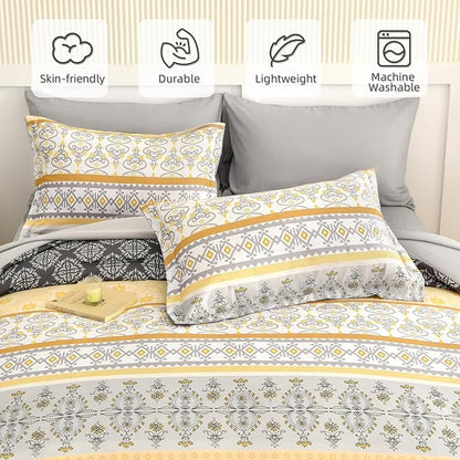 WONGS BEDDING Boho Comforter Set Queen Size,7 Pieces Bed in a Bag Bohemian Striped Bedding Set,Yellow Paisley Floral Comfortet and Sheet Set,Soft Microfiber Bedding Sets for All Season