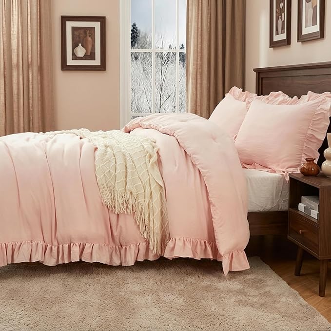 CAROMIO Pink Ruffled Comforter Set Queen Size, 3PCS Soft Washed Microfiber Lightweight & Fluffy All-Season Bedding Comforter with Vintage French Country Style, Pink, 90x90 in