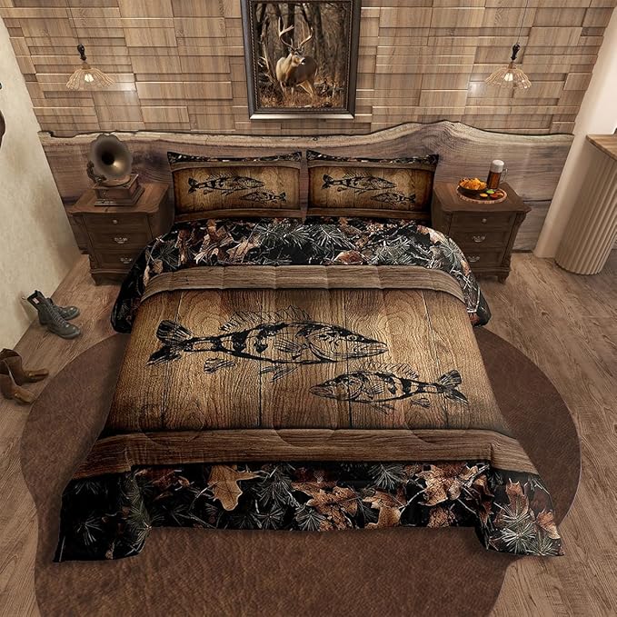 Erosebridal Camo Bass Fish Bedding Comforter Sets Fishing Bass Big Fish Bedding Set Twin Rustic Farmhouse Lake House Comforter Set for Boys Men Fisherman,Retro Tree Camouflage Cabin Quilt Set