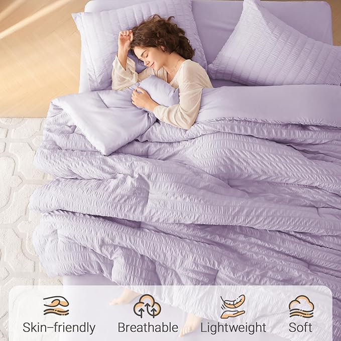 MUXHOMO 5 Pieces Twin Comforter Set, Seersucker Bed in a Bag Twin Size, All Season Luxury Bedding Set with Comforter, Flat Sheet, Fitted Sheet, Pillowcase & Sham, Lavender