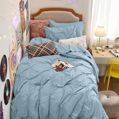 Bedsure Twin XL Comforter Set - Extra Long 5 Pieces Dorm Bedding Sets, GentleSoft™ Pinch Pleat Light Blue Bed in a Bag with Pintuck Comforter, Sheets, Pillowcase & Sham