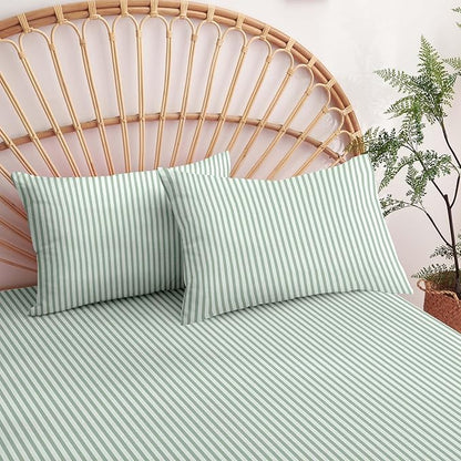 Nayoroom Green Striped Comforter Set Queen Size White Stripe Comforter 3 Pieces Girls Soft Lightweight Pinstripe Dorm Bedding Set for All Seasons