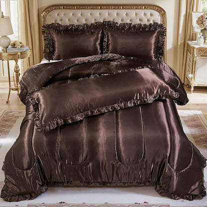 Brown King Comforter Silk Like Bedding 4 Pcs Hotel Soft Polyester Satin Bed Set Luxury Silky Body Pillow Cover Ruffle Home Decor