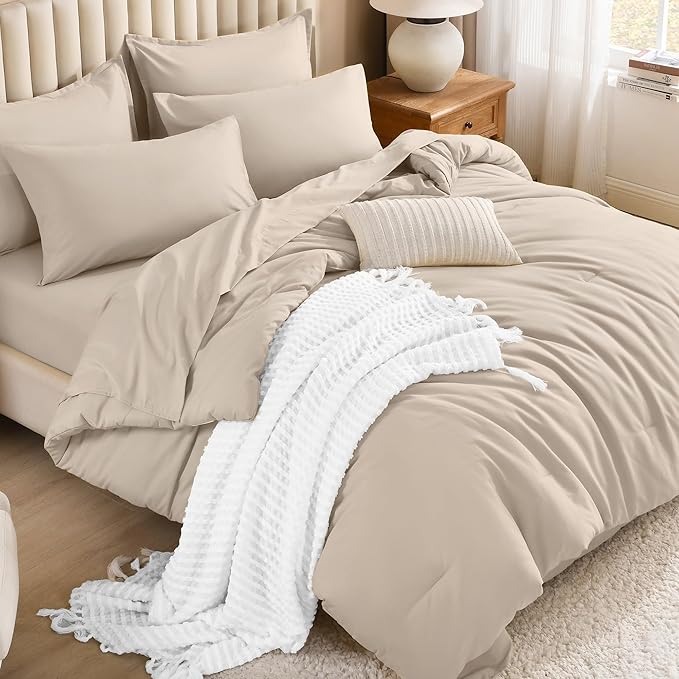 Litanika Comforter California King Size Set Khaki - 7 Pieces Bed in a Bag California King Bedding Comforter Sets, Plain Lightweight Bed Set with Comforter, Sheets, Pillowcases & Shams