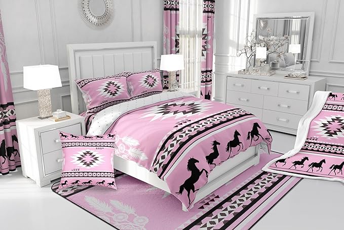 Feelyou Rustic Western Bedding Set King Size Kids Pink Southwestern Aztec Comforter for Boys Girls Teens Western Horse Animals Comforter Set Soft Microfiber Boho Geometric Room Decor