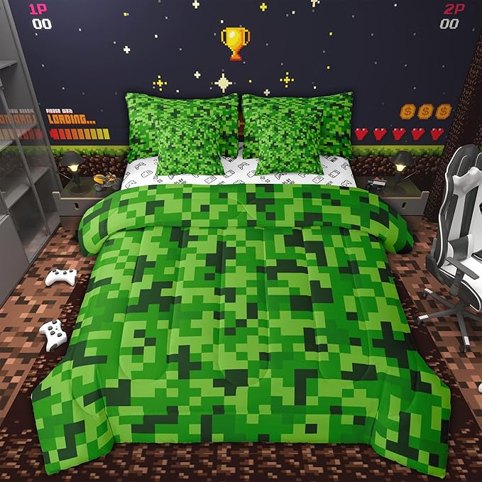 Green Pixelated Miners Gamer Bedding Set Twin Size,Video Games 7Pcs Comforter Set,Kids Boys Girls Teens Room Decor,Cartoon Gamepad Bed in a Bag Modern Geometric Check Flat Fitted Sheet,2 Pillowcases