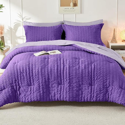 HYMOKEGE Dark Purple/Lavender King Size Comforter Set Seersucker 7 Pieces, All Season Luxury Bed in a Bag for Bedroom, Bedding Set with Comforter, Sheets, Pillowcases & Shams