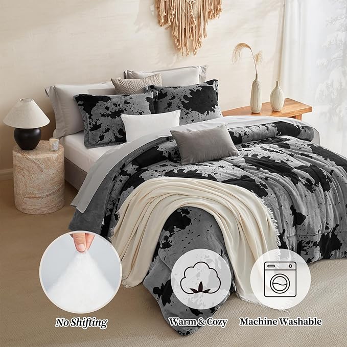 Petrichor Velvet Flannel Twin Comforter Set-Cow Print Western Style Blanket,Luxury Fuzzy Heavy Bedding Set, 2 Pieces Plush Winter Bed Set with Comforter (68"x88") & 1 Pillow Shams (20"x26")