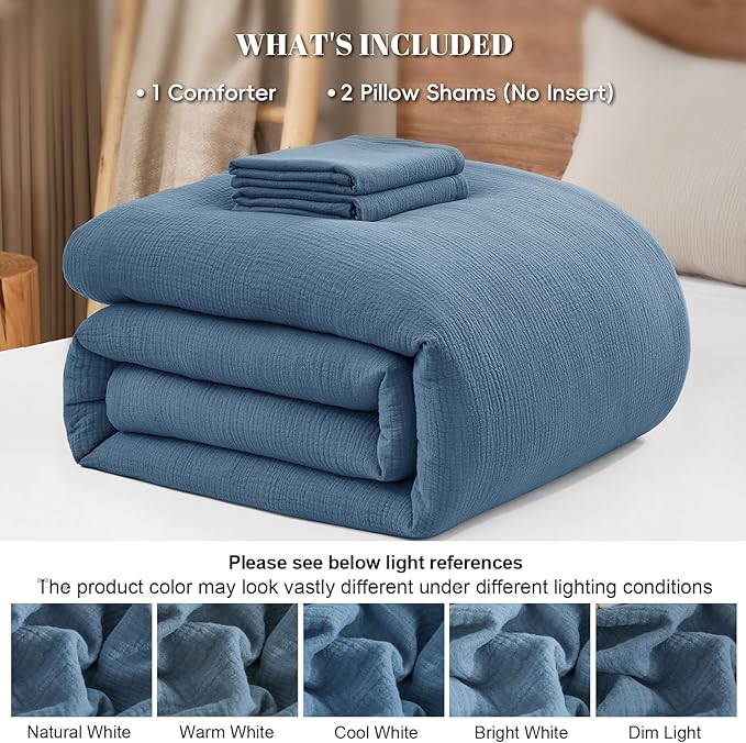 PHF Cotton Muslin Comforter Set King Size, Ultra Soft, Breathable & Lightweight All-Season, Filling: 100% Polyester, 3 Pieces with 1 Comforter 104"x90" and 2 Pillow Shams 20"x36", Captain's Blue