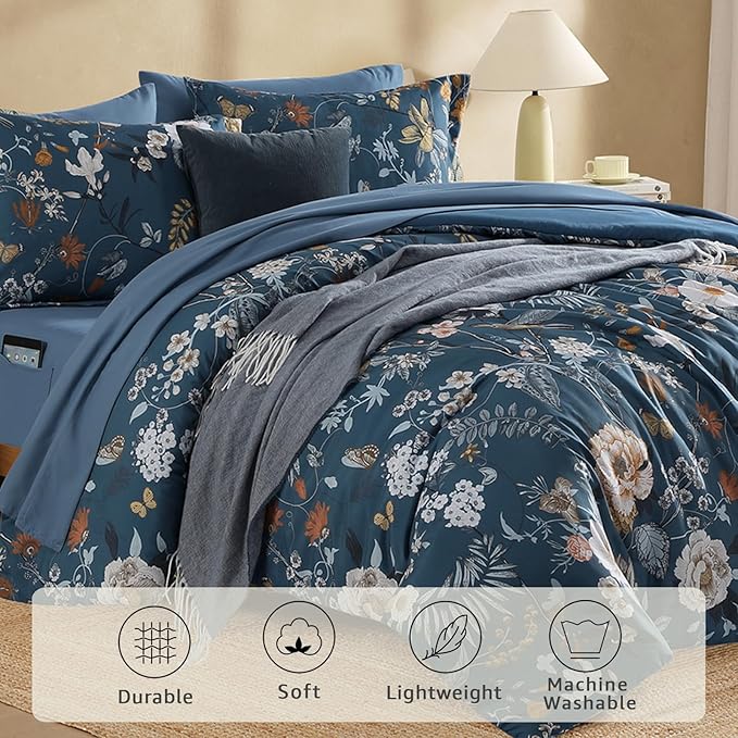 CASAAGUSTO King Size Comforter Set - 7 Pieces Blue Floral Bedding Sets, King Bed in a Bag with Botanical Butterfly Comforter, Sheets, Pillowcases & Shams for All Seasons