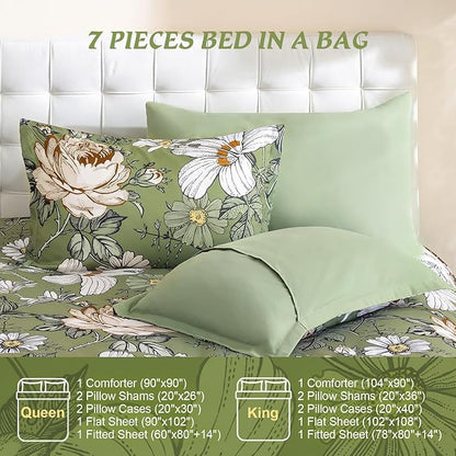 Luxudecor Queen Comforter Set 7 Pieces Bedding Sets,Olive Green Floral Comforter and Sheet Set,Soft Microfiber Bed in a Bag for All Seasons (Olive Green,90"x90")
