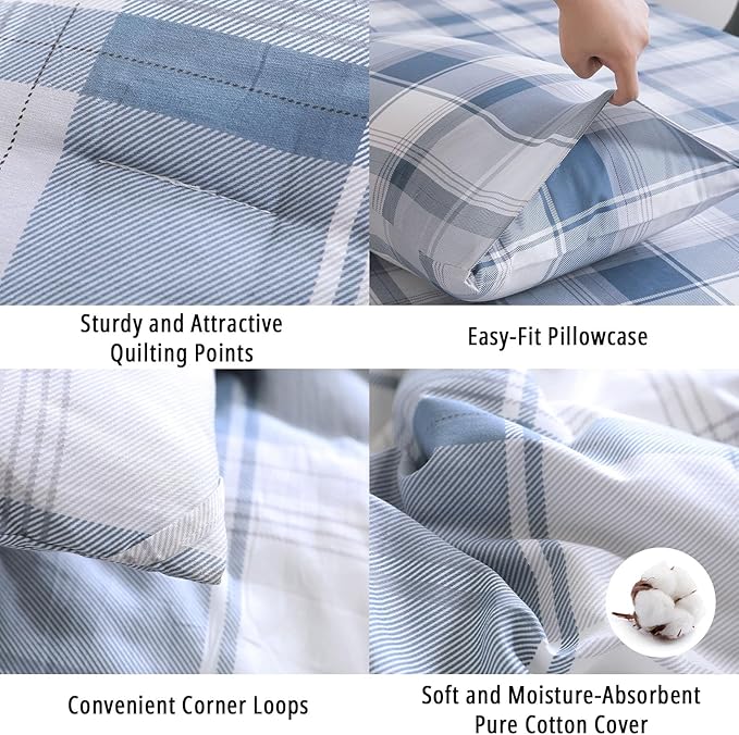 Vintage Cotton Comforter King Size 3Pcs - Classic Tartan Plaid Pattern with Denim Blue, Soft Gray and White, Lightweight Bedding Sets with Soft Fill(1 Comfoter 104"×90", 2 Pillowcases)