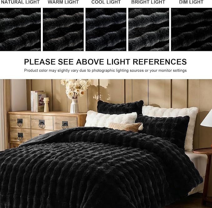 Lotus Karen Faux Fur Full Comforter Set, Black Fluffy Big Bubble Faux Rabbit Fur Winter Comforter Sets, Warm Cozy Fuzzy Bed Set 3 Pieces, 1 Comforter and 2 Pillowcases