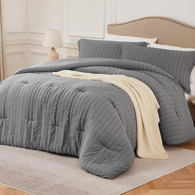 Grey California King Comforter Set - 3 Pieces Seersucker Lightweight Bedding Comforter Sets (1 Soft Fluffy Comforter & 2 Pillowcases) - All Seasons Cozy Modern Bed Sets for Women Men