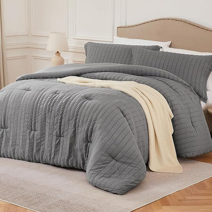 Grey Full Comforter Set - 3 Pieces Seersucker Lightweight Bedding Comforter Sets (1 Soft Fluffy Comforter & 2 Pillowcases) - All Seasons Cozy Modern Bed Sets for Women Men