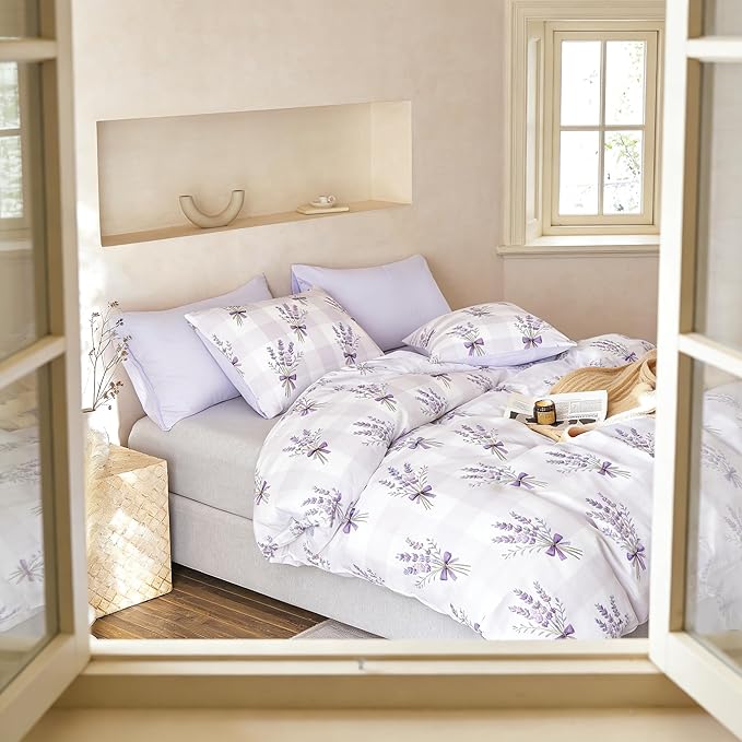 Queen Comforter Set Purple Gingham Bedding with Lavender Pattern 3Pcs Boho Plaid Checkered Quilted Comforter with 2 Pillowcases, 90"x90"