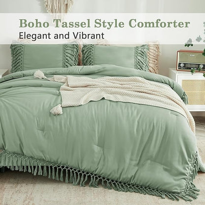 Andency Sage Green Comforter Set Queen Size, 3 Pieces Boho Tassel Lightweight Vintage Soft Bedding Comforter Sets, All Season Fluffy Fringe Bed Set (90x90In Comforter & 2 Pillowcases)