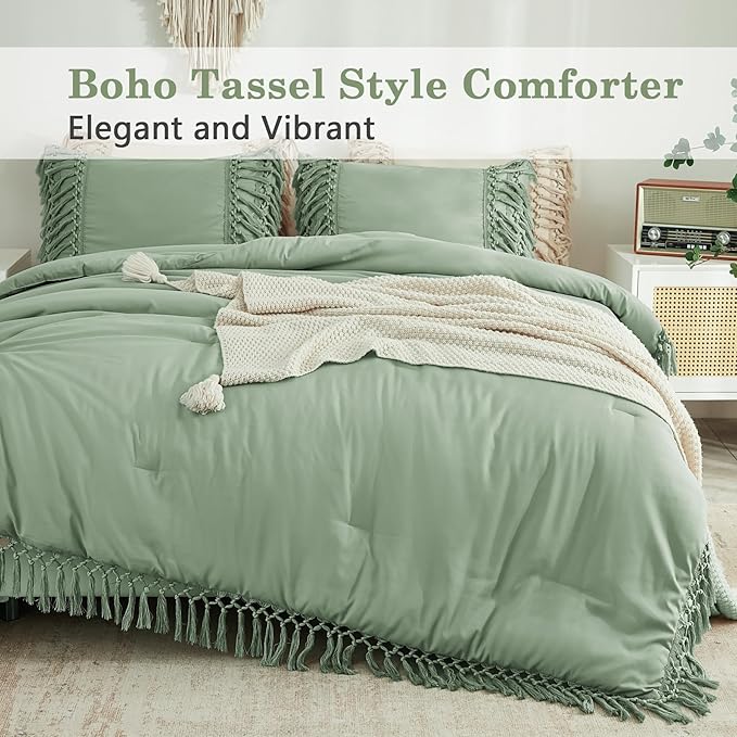 Andency Full Size Comforter Set Sage Green, 3 Pieces Boho Tassel Lightweight Vintage Soft Bedding Comforter Sets, All Season Fluffy Fringe Bed Set (79x90In Comforter & 2 Pillowcases)