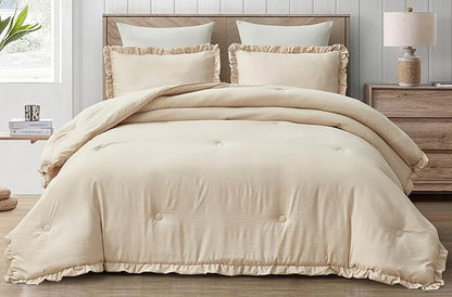 Chezmoi Collection Nora Light Sand Comforter Set Twin Size 2-Piece Lightweight Soft Stone-Washed Ruffled Shabby Chic Bedding for All Season