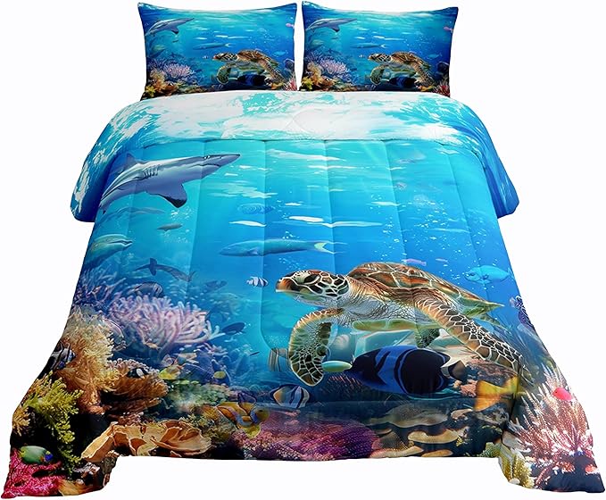 Erosebridal Sea Turtle Comforter Set King Size,Shark Bedding Set,Ocean Animals Fishes Down Comforter,Tortoise Rainbow Coral Duvet Insert,Home Textiles Comforters for Teens Boys Girls