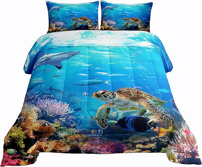 Erosebridal Sea Turtle Comforter Set Full Size,Shark Bedding Set,Ocean Animals Fishes Down Comforter,Tortoise Rainbow Coral Duvet Insert,Home Textiles Comforters for Teens Boys Girls