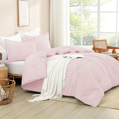 Andency Pink Gingham Comforter Set Full(79x90Inch), Blush Checkered Grid Plaid Buffalo Bed Set for Girls Boys Kids Teens, 3 Pieces Lightweight Microfiber Geometric Preppy Bedding