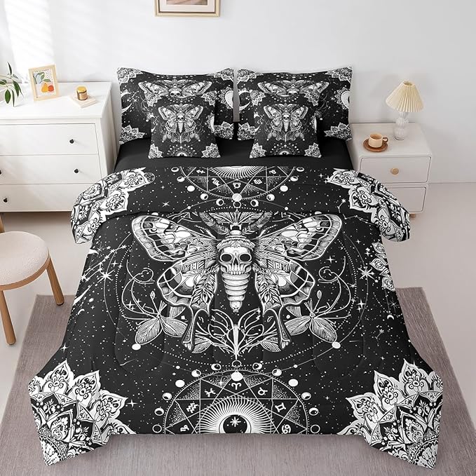 Feelyou Death Moth Bed in a Bag with Comforter, Queen Size 7Pcs Halloween Decorations Bedding Set with Comforter, Women Men Ultra Soft Skull Moth Decor Comforter Boho Room Decor