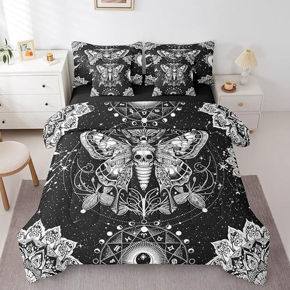 Feelyou Death Moth Bed in a Bag with Comforter, Queen Size 7Pcs Halloween Decorations Bedding Set with Comforter, Women Men Ultra Soft Skull Moth Decor Comforter Boho Room Decor
