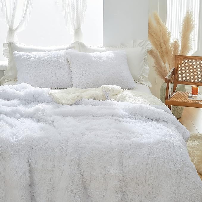 Joyreap 3-Piece Plush Shaggy Comforter Set, Twin Size Luxury Faux Fur Sherpa Reversible Bedding Comforter Set, Ultra Cozy Warm Fluffy Bedding Set for Winter (Raw White, 68x86 inches)