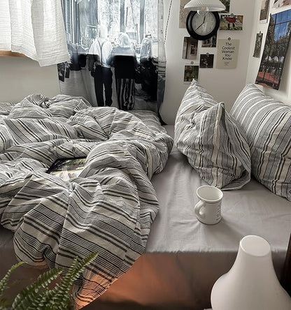 VM VOUGEMARKET Full Comforter Set Vintage Grey White Striped Dorm Bedding with Matching Pillowcases Lightweight Luxury Comforter for Boys Men