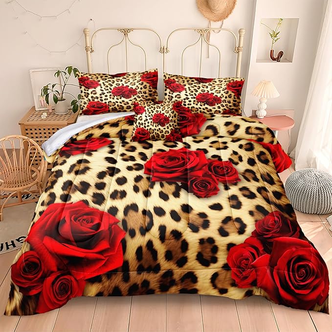 MOVE OVER Leopard Comforter Set California King Red Rose Flower Bedding Set 4 Pieces Cheetah and Rose Flower Printed Design Romantic Comforter Set for Women and Female Leopard Printed Bedding Set