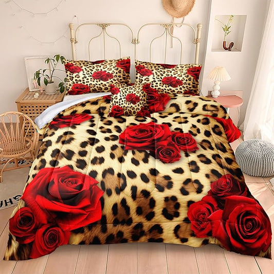 MOVE OVER Leopard Comforter Set California King Red Rose Flower Bedding Set 4 Pieces Cheetah and Rose Flower Printed Design Romantic Comforter Set for Women and Female Leopard Printed Bedding Set