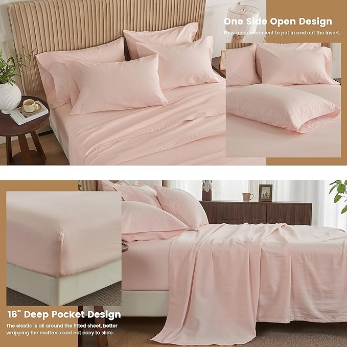 Simple&Opulence Belgian Linen Sheet Set Solid Color - 6 Pieces (1 Flat Sheet & 1 Fitted Sheet & 4 Pillowcases) 16" Deep Pocket Natural Flax Cotton Blended Soft Bedding - Pale Pink, King Size