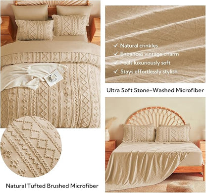 MR&HM Boho Comforter Set Full, Khaki 7 Pieces Bedding Set, Farmhouse Shabby Chic Bed in a Bag with 1 Comforter, 2 Pillow Shams, 2 Pillowcases, 1 Flat Sheet, 1 Fitted Sheet for All Seasons
