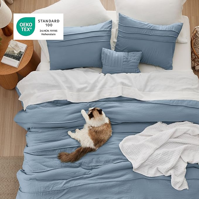 Bedsure Twin Comforter Set - 3 Pieces Pinch Pleat Bed Set, Light Blue Boho Bedding for All Season, 1 Soft Comforter, 1 Pillowcase, 1 Decorative Pillow