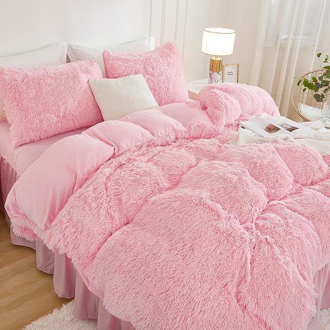 Andency Pink Comforter Full Size, 3 Pieces Fluffy Faux Fur Warm Soft Fuzzy Plush Bedding Comforter Set, Puffy Comfy Down Alternative Comforter Blanket Set