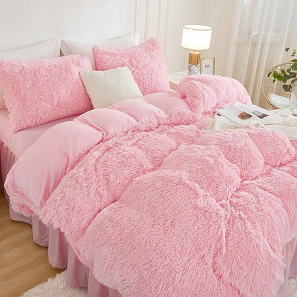 Andency Pink Comforter Full Size, 3 Pieces Fluffy Faux Fur Warm Soft Fuzzy Plush Bedding Comforter Set, Puffy Comfy Down Alternative Comforter Blanket Set