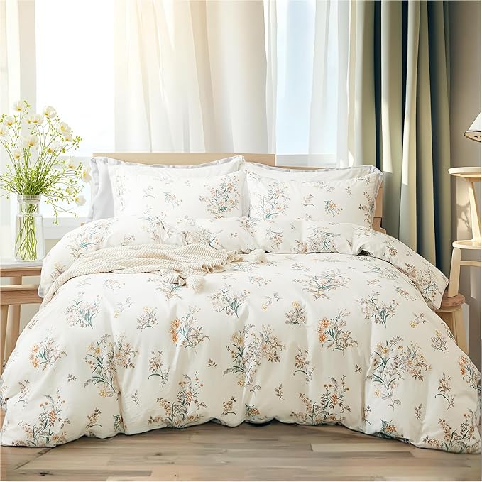 100% Cotton Comforter Queen Size Vintage Floral Bedding Set Reversible Botanical Comforter Set 3 Pcs Cottagecore Aesthetic Soft Bedding Sets for All Season