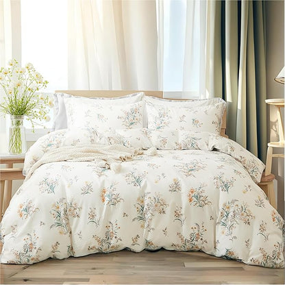 100% Cotton Comforter Queen Size Vintage Floral Bedding Set Reversible Botanical Comforter Set 3 Pcs Cottagecore Aesthetic Soft Bedding Sets for All Season