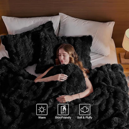 Lotus Karen Faux Fur Black Comforter King – Big Bubble Faux Rabbit Fur Winter Fluffy Comforter Sets, Warm Cozy Fuzzy Bed Set 3 Pieces, 1 Comforter and 2 Pillowcases
