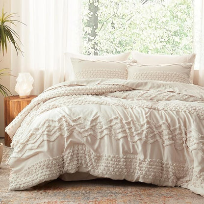 Luxudecor Beige Tufted Comforter Set Full Size 3 Pieces Boho Shabby Chic Comforter Farmhouse Embroidery Bedding Set Soft Comforter for All Seasons (Beige, 80''x90'')