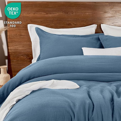 PHF Cotton Muslin Comforter Set Queen Size, Ultra Soft, Breathable & Lightweight All-Season, Filling: 100% Polyester, 3 Pieces with 1 Comforter 90"x90" and 2 Pillow Shams 20"x26", Captain's Blue