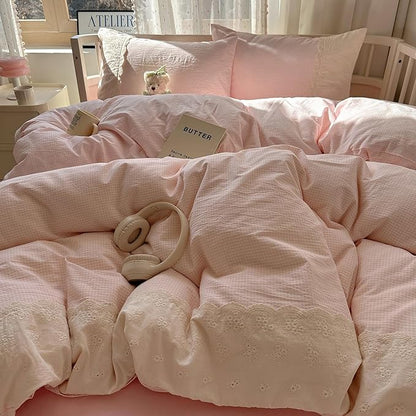 HighBuy Full Size Comforter Set Pink Gingham Bedding Set with Lace Ruffles, 3 Pieces Plaid Comforter Set for All Season,Modern Chic Plaid Checkered Pattern Farmhouse Gird Breathable Fluffy