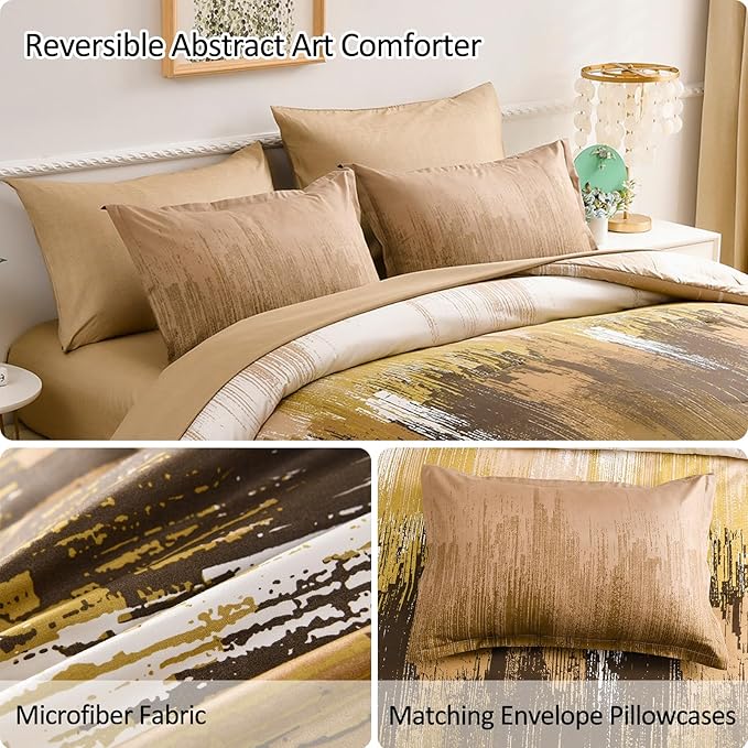 WONGS BEDDING Brown Comforter Set King, 7 Pieces Bed in a Bag Colorful Abstract Art Gradient Comforter Soft Microfiber Bedding with Comforter, Flat Sheet, Fitted Sheet, Pillow Shams, Pillowcases