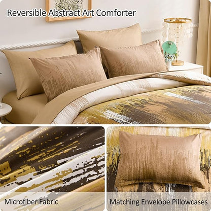 WONGS BEDDING Brown Comforter Set King, 7 Pieces Bed in a Bag Colorful Abstract Art Gradient Comforter Soft Microfiber Bedding with Comforter, Flat Sheet, Fitted Sheet, Pillow Shams, Pillowcases