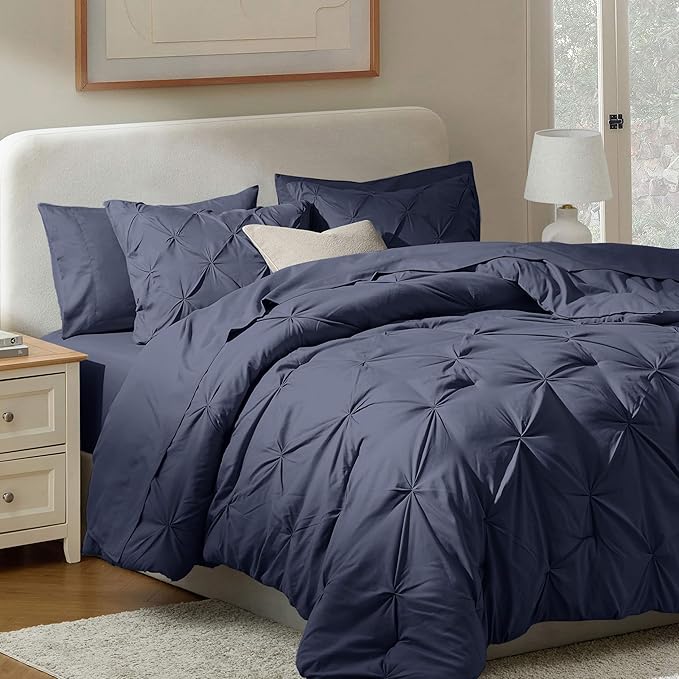 Nestl California King Comforter Set 7 Piece - Pintuck Cal King Comforter Set Navy, California King Bed in a Bag, All Season Bed Set with Flat Sheet and Fitted Sheet, Pillowcases and Shams