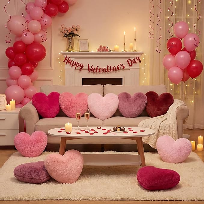 9 Pcs Pink Series Heart Pillow Faux Rabbit Fur Fluffy Love Heart Throw Pillows Cute Decorative Soft Throw Cushion Gift for Women Couch Bed Sofa Chair Home 11 in